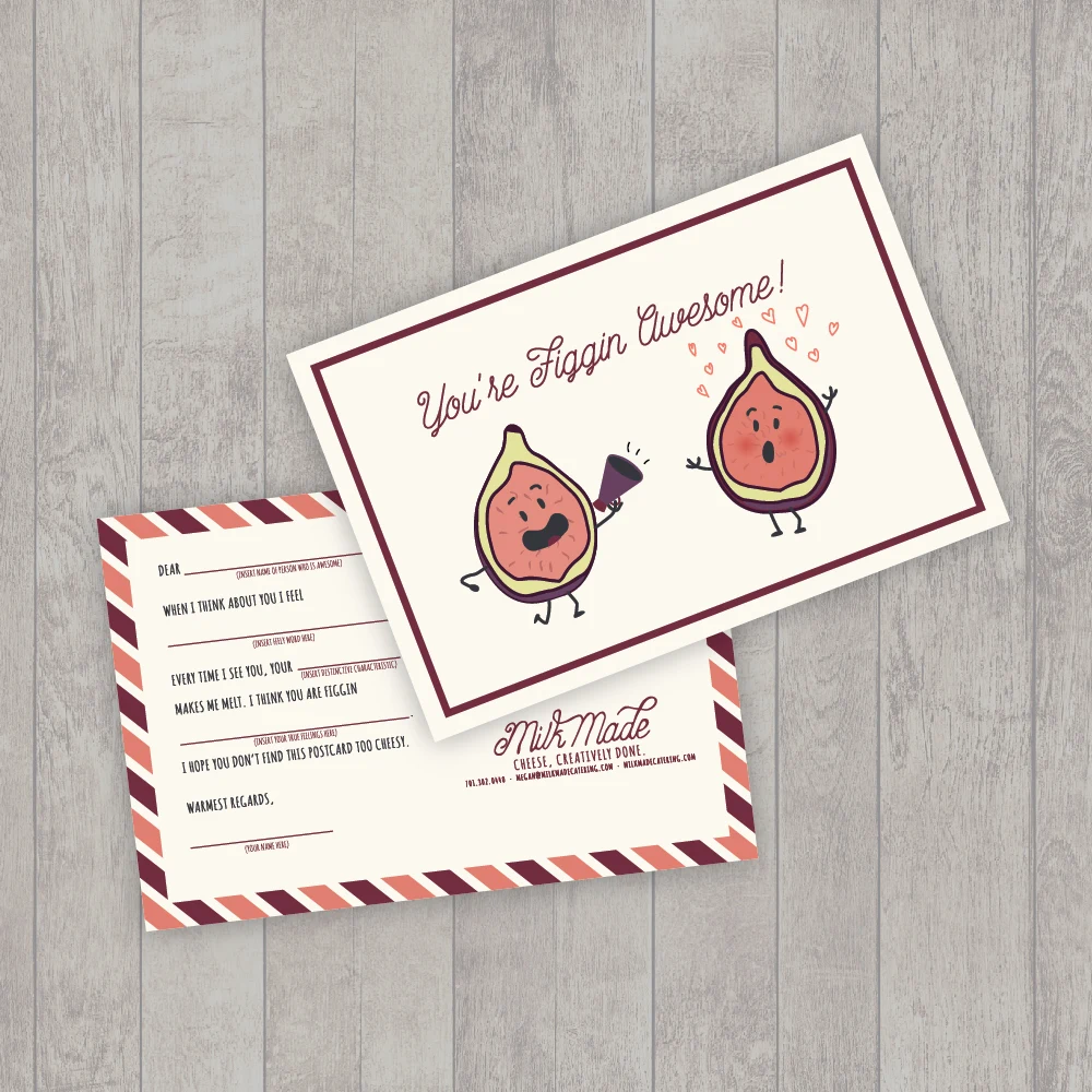 Milk Made illustrated fig character greeting cards on a wood background